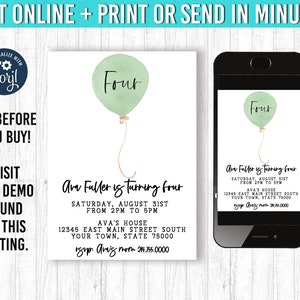 Green Balloon Invitation, 4th Birthday Invite, Third Birthday Invites, 5x7, Balloon Invitations, YOU EDIT and PRINT, Balloon Theme Party