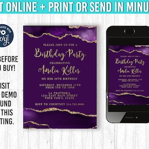 Purple and Gold Agate invitation, You EDIT and PRINT, 5x7, Birthday Invites, Marble Invites, Marble Invite, Geode Party Invitation,