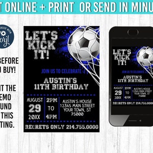 Blue Soccer Invitation 5x7 Soccer Birthday Invitation YOU Edit and Print 5x7 Soccer Birthday Soccer Invites  Soccer Party Theme