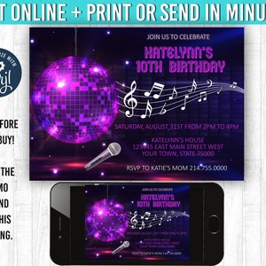 Pop Star Invitation 5x7 Music Birthday Invitation YOU EDIT and Print Pop Star Birthday Rockstar Invites Popstar Party Theme