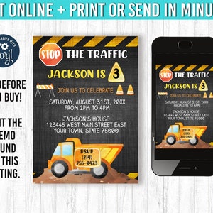 Construction Invitation 5x7 Construction Birthday Invitation YOU EDIT and Print Construction Birthday Bulldozer Dump Truck Party