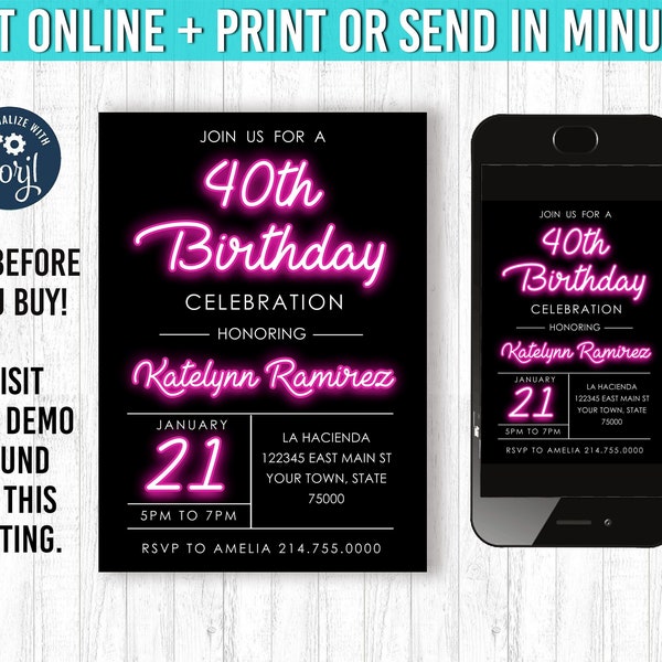 40th birthday invitation, fourtieth celebration, Neon, Pink and Black, Clean invitation, neon sign, editable template, instant download