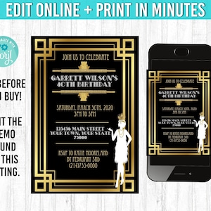You EDIT and Print Great Gatsby invitation,5x7  great gatsby birthday party, great gatsby invite, great gatsby invitations, gatsby invites,