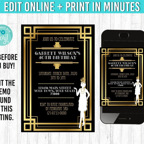 You EDIT and Print Great Gatsby invitation,5x7  great gatsby birthday party, great gatsby invite, great gatsby invitations, gatsby invites,