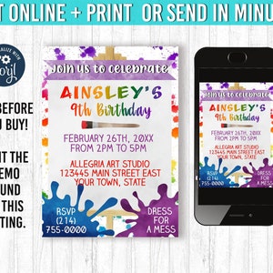 Art Party Invitation 5x7 Art Party Birthday Invitation YOU EDIT and Print 5x7  Paint Party  Birthday Art Party Painting Party Invitation