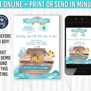 Noah&#39;s Ark Invitation, 5x7 Noah Ark Birthday, VBS,  YOU EDIT and Print Bible Invites  Noah&#39;s Ark Party Theme