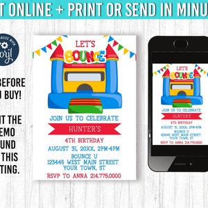 Bounce Invitation 5x7 Bounce House Birthday Invitation YOU EDIT and Print Jump Birthday Bounce House Invites Bounce Party Theme