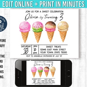 Editable Ice Cream Invitation Ice Cream Birthday Invitation Sweet Celebration 3rd birthday Ice Cream Birthday Party Ice Cream Invites