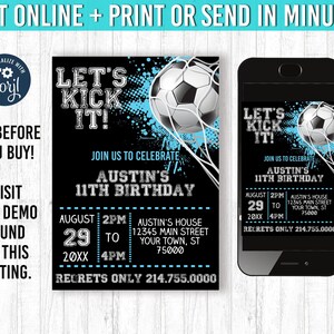 Soccer Invitation 5x7 Blue Soccer Birthday Invitation YOU Edit and Print 5x7 Soccer Birthday Soccer Invites  Soccer Party Theme