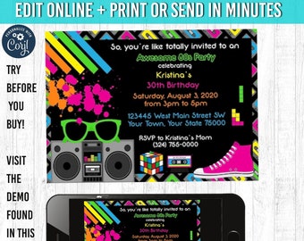 Uitnodiging jaren 80, jij BEWERKT en PRINT 5 x 7 80s verjaardagsuitnodiging 80s feestuitnodiging 80s nodigt 80s party 80s themafeest 80s party decor