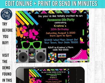 80s invitation, You EDIT and PRINT 5x7 80s birthday invitation 80s party invitation 80s invites 80s party 80s theme party 80s party decor