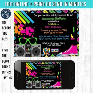 May include: A digital invitation for a 30th birthday party with a retro 80s theme. The design features neon colors, a boombox, sunglasses, a Rubik's Cube, and a pink high-top sneaker. The invitation is displayed on a smartphone.