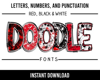 Red and Black Alphabet, Doodle Font, Letters, Sports Alpha, Team Name Letters,  Classroom Decor, Numbers, PNG, Sublimation, Game Day,