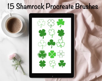 Shamrock Brushes for Procreate, Procreate Shamrock Stamps, St. Patrick&#39;s Day illustrations, Hand drawn four leaf clover, Procreate Brushes