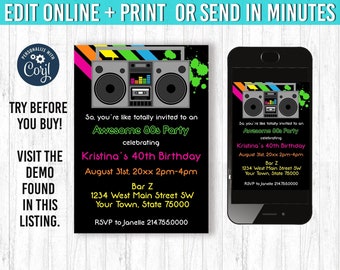 80s invitation, You EDIT and PRINT 5x7 80s birthday invitation 80s party invitation 80s invites 80s party 80s theme party 80s party decor