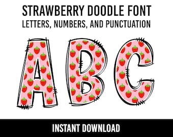 Strawberry Alphabet Doodle Font Letters Summer Numbers PNG Font Strawberries Sublimation Letters Fruit Instant Download