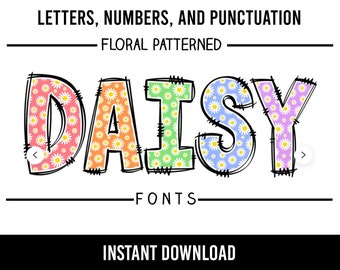 Daisy Alphabet Doodle Font Letters Floral Numbers PNG Daisy Flower Sublimation Spring  Instant Download