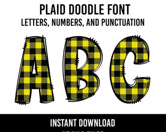 May include: A set of 67 PNG files featuring a yellow and black plaid doodle font. The font includes letters, numbers, and punctuation marks. Each character is a separate image.