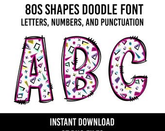 Peut inclure: Police numérique avec les lettres A, B et C dans un style doodle des années 80. Les lettres sont bordées de noir avec un contour rose et remplies de formes géométriques. Le texte "80S SHAPES DOODLE FONT" est également présent.
