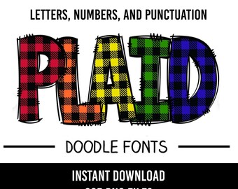 May include: A set of 335 plaid doodle font PNG files. Each character is a separate image. The letters are in a rainbow color scheme with black and white plaid patterns.