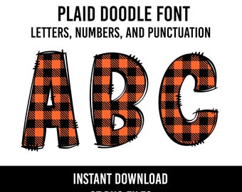 May include: A set of 67 plaid doodle font PNG files, featuring letters, numbers, and punctuation marks. Each character is a separate image, with a black and orange plaid pattern.