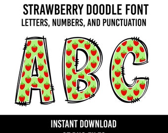 May include: A set of 67 digital images of a doodle font featuring letters, numbers, and punctuation marks. Each character is a separate image and is decorated with a pattern of red strawberries on a green background.