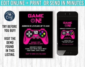 Convite de videogame rosa convite de aniversário para jogos 5x7 VOCÊ edita e imprime jogo 5x7 no aniversário convite para videogame tema de festa de jogos