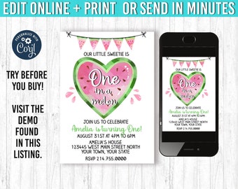 Editable Watermelon Invitation, Birthday Invitations, Watermelon Party, One in a Melon 1st Birthday Instant download Printable Digital