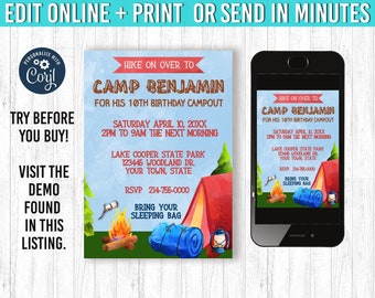 Camping Birthday Invitation, Campout Party (Digital File)