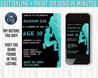Rock climbing invitation, You EDIT and PRINT 5x7 Rock climbing birthday invitation rock climbing party invitation rock climbing  party decor