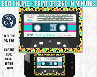 Retro Mixtape Birthday Invitation, 80s 90s Party (5x7) (You Edit and Print)