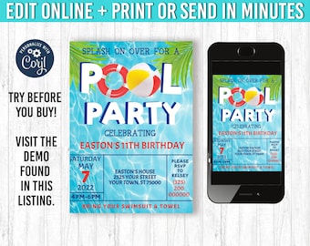 Puede incluir: Una invitación a una fiesta en la piscina con un fondo de agua azul, con el texto "POOL PARTY" con un balón de playa y un salvavidas. La invitación incluye detalles del evento y una maqueta de smartphone.
