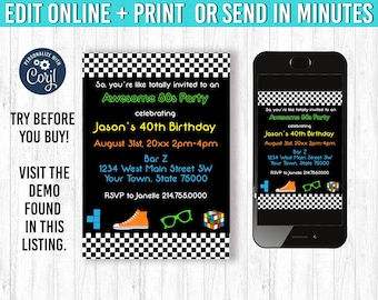 80s invitation, You EDIT and PRINT 5x7 80s birthday invitation 80s party invitation 80s invites 80s party 80s theme party 80s party decor