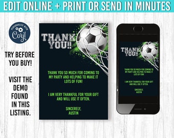 Soccer Birthday Thank You Card 5x7 Soccer Party Favor Tag YOU Edit and Print 5x7 Soccer Birthday Soccer Digital Soccer Party Theme Invitatio