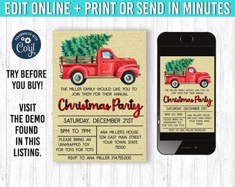 May include: A red vintage truck carrying a Christmas tree, featured on a holiday party invitation. The invitation includes the text "Christmas Party" and event details. A smartphone displays the invitation.