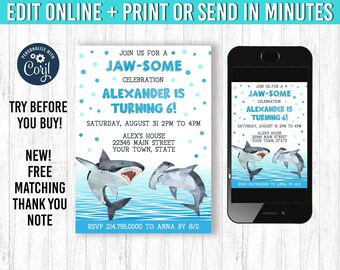 May include: A birthday party invitation with a shark theme. The invitation includes the text "Join us for a JAW-SOME Celebration" and "Alexander is Turning 6!" The invitation is shown on a white background with a smartphone displaying the same design.
