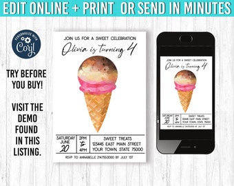 Ice Cream Birthday Invitation, Sweet Celebration (Digital Download)