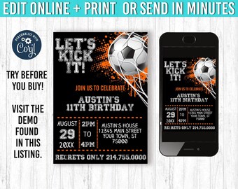 Soccer Invitation 5x7 Soccer Birthday Invitation YOU Edit and Print 5x7 Soccer Birthday Soccer Invites  Soccer Party Theme
