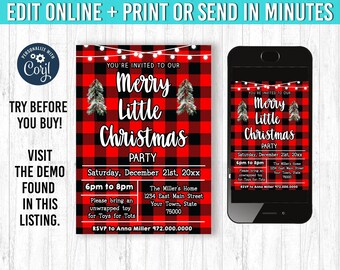 May include: A Christmas party invitation with a red and black buffalo plaid background. The invitation includes the text "Merry Little Christmas Party" and event details. A smartphone displays the invitation.