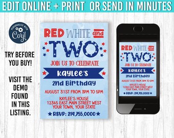 Red white and two invitation, 5x7 YOU EDIT and PRINT - red white and two birthday party, red white and two invitations, red white and two