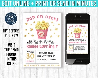 May include: A digital invitation with a popcorn theme. The design features a pink popcorn container, gold stars, and the text "Pop on over!" The invitation includes details for a movie night to celebrate Kaylee's 7th birthday, with date, time, and location.