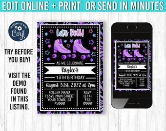 Rollerskating Invitation 5x7 Roller Skating Birthday Invitation YOU EDIT and Print Skate Party Birthday Invites Skating Theme Rollerskate