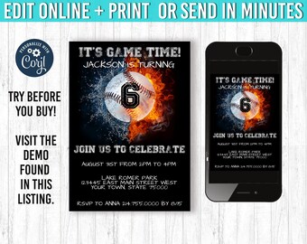 6 Baseball Invitation 5x7 Baseball Birthday Invitation YOU EDIT and Print Baseball Birthday Baseball Invites Baseball Party Sports Theme