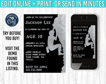 Rock climbing invitation, You EDIT and PRINT 5x7 Rock climbing birthday invitation rock climbing party invitation rock climbing  party decor