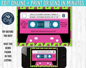 90s invitation, Mix tape invite, 80s birthday party, retro party decor, YOU EDIT and PRINT 5x7, 1990s, 1980s