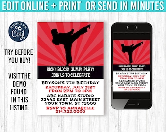 May include: Karate-themed birthday party invitation with a black silhouette of a martial artist kicking. The invitation includes event details and a phone mockup. The design features red and black colors.