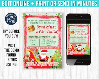 May include: A digital invitation for a pancake breakfast with Santa, featuring a festive design with Santa Claus, an elf, and a Christmas tree. The invitation includes the text "Breakfast with Santa" and event details.