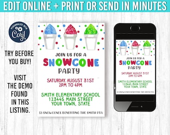 Inbjudan till snökon, 5x7 snökon, födelsedagsinbjudan. DU REDIGERAR och skriver ut 5x7 Snocone-födelsedagsinbjudningar till snökon, snökonfest.