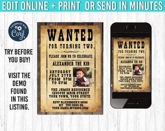Wanted Poster Invitation Wanted Poster Birthday Invitation YOU EDIT and Print 5x7 Western Themed Cowboy Party Western Invitation