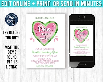 One in a Melon, Editable Watermelon Invitation, Birthday Invitations, Watermelon Party, 1st Birthday Instant download Printable Digital